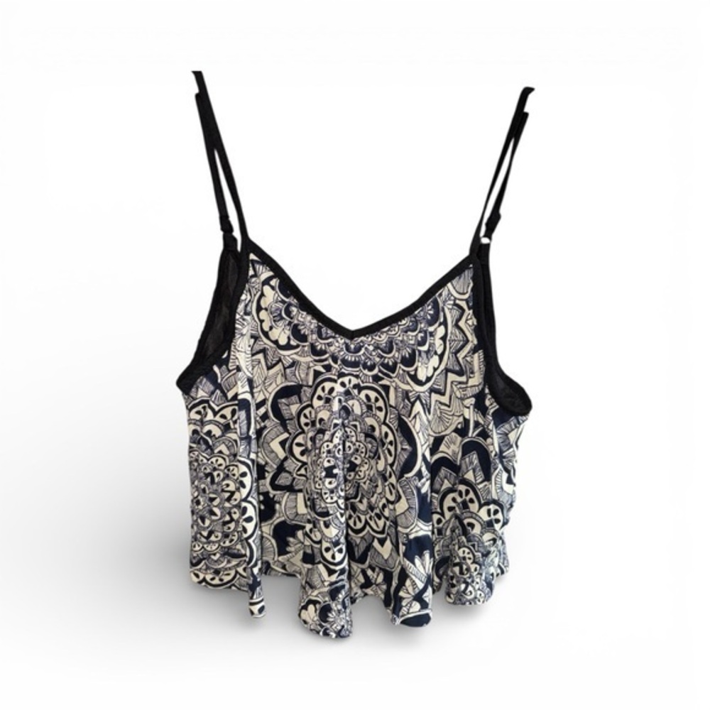 Angie Navy Blue + Black and Cream Patterned Camisole Loose Fit Mandala Blouse